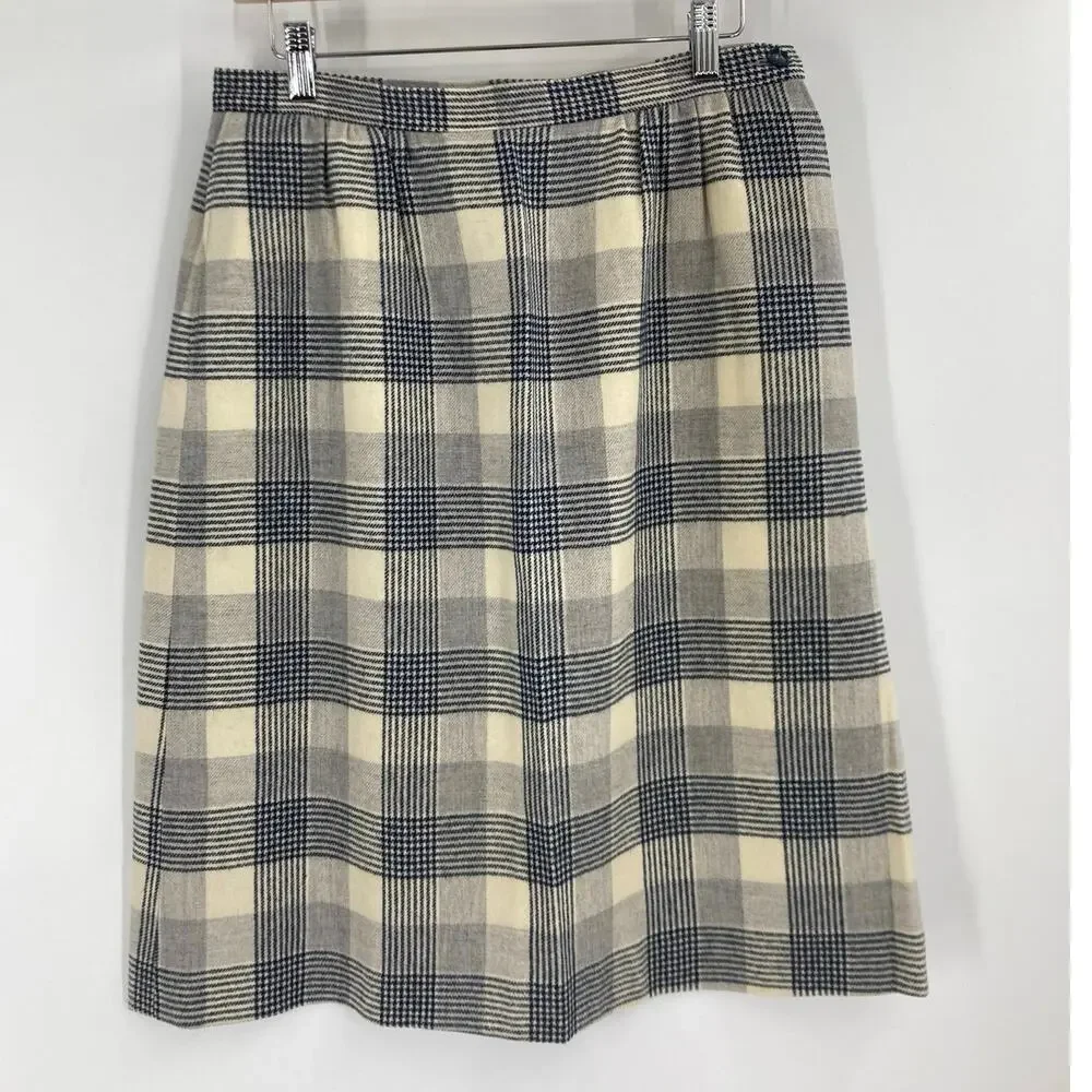 Vintage Pendleton Plaid Gray Cream Wool Lined Skirt Women’s 14 - Picture 1 of 8